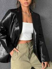 SHEIN EZwear Lapel Neck Patent Blazer - Black - View 4