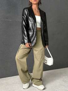 SHEIN EZwear Lapel Neck Patent Blazer - Black - View 5