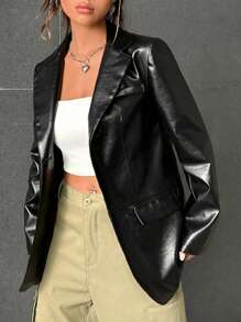 SHEIN EZwear Lapel Neck Patent Blazer - Black - View 6