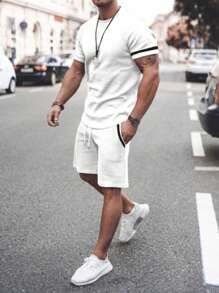 Manfinity Homme 男士織帶拼接T恤&腰部抽繩短褲 - 白色 - 查看 1