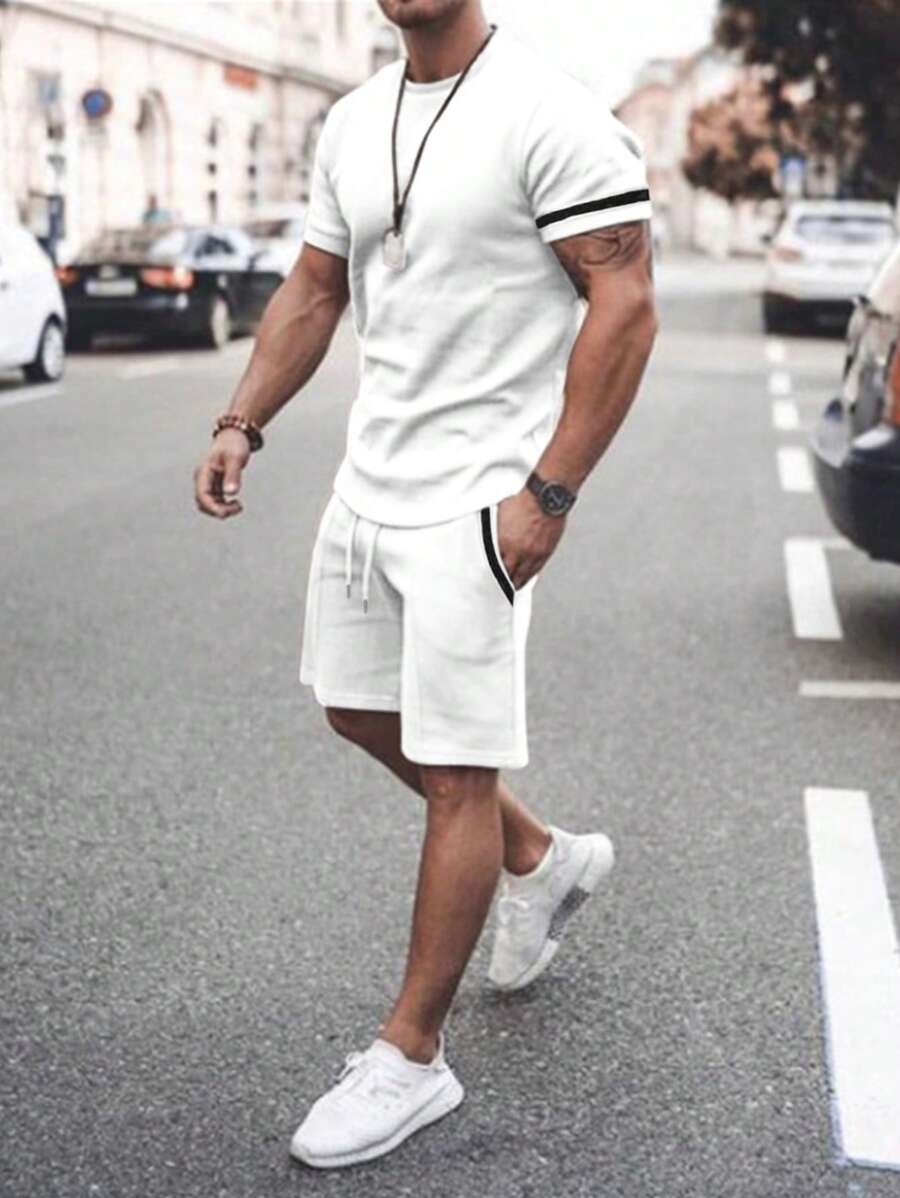 Manfinity Homme 男士織帶拼接T恤&腰部抽繩短褲 - 白色 - 查看 1