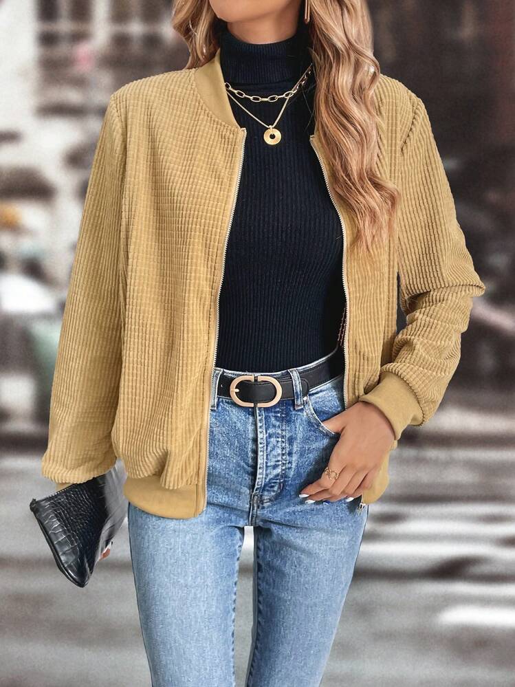 SHEIN LUNE רוכסן ג'קט בומבר - חאקי - ראה 1