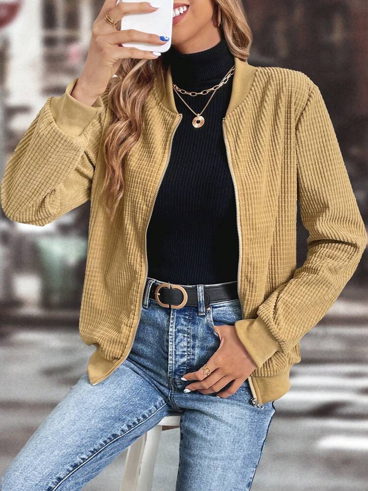 SHEIN LUNE רוכסן ג'קט בומבר - חאקי - ראה 6