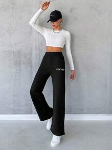 RueChic Letter Graphic Elastic Waist Sweatpants - Black - View 4