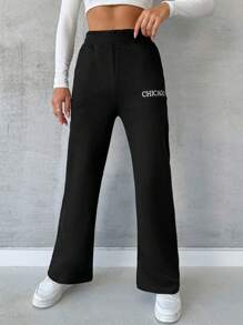 RueChic Letter Graphic Elastic Waist Sweatpants - Black - View 5