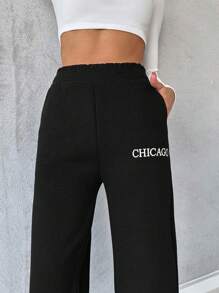 RueChic Letter Graphic Elastic Waist Sweatpants - Black - View 6
