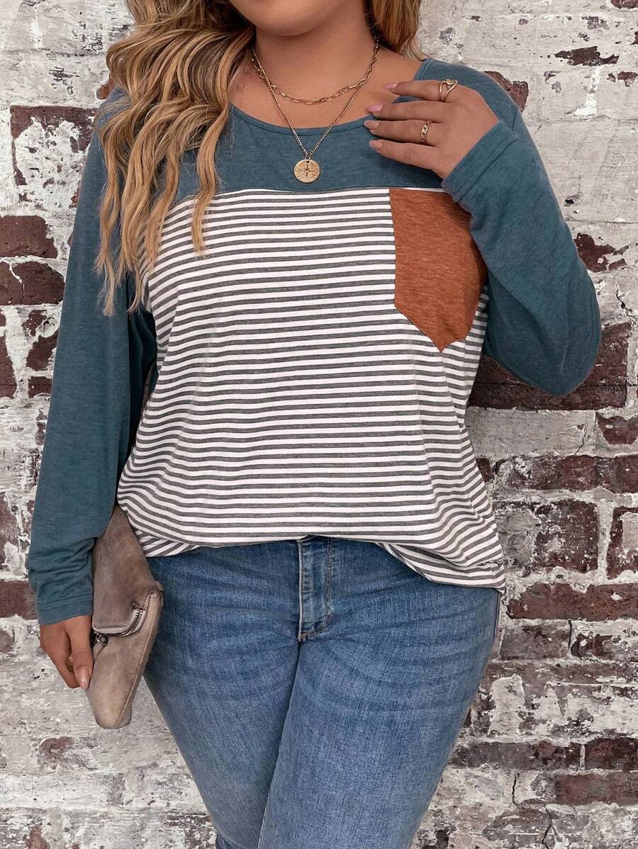 SHEIN LUNE 条纹印花口袋贴花图案 T 恤 - 彩色 - 查看 1