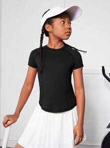 SHEIN Tween Girl Solid Round Neck Active Tee