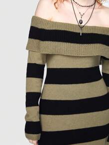 ROMWE Goth Mẫu sọc Off Shoulder Đầm Áo len - xanh quân đội - Xem 2