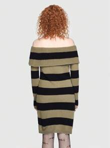 ROMWE Goth Mẫu sọc Off Shoulder Đầm Áo len - xanh quân đội - Xem 3