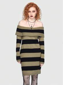 ROMWE Goth Mẫu sọc Off Shoulder Đầm Áo len - xanh quân đội - Xem 4