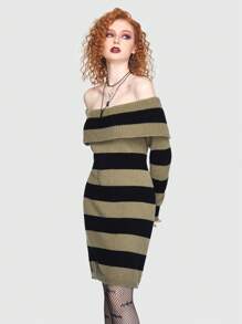 ROMWE Goth Mẫu sọc Off Shoulder Đầm Áo len - xanh quân đội - Xem 5