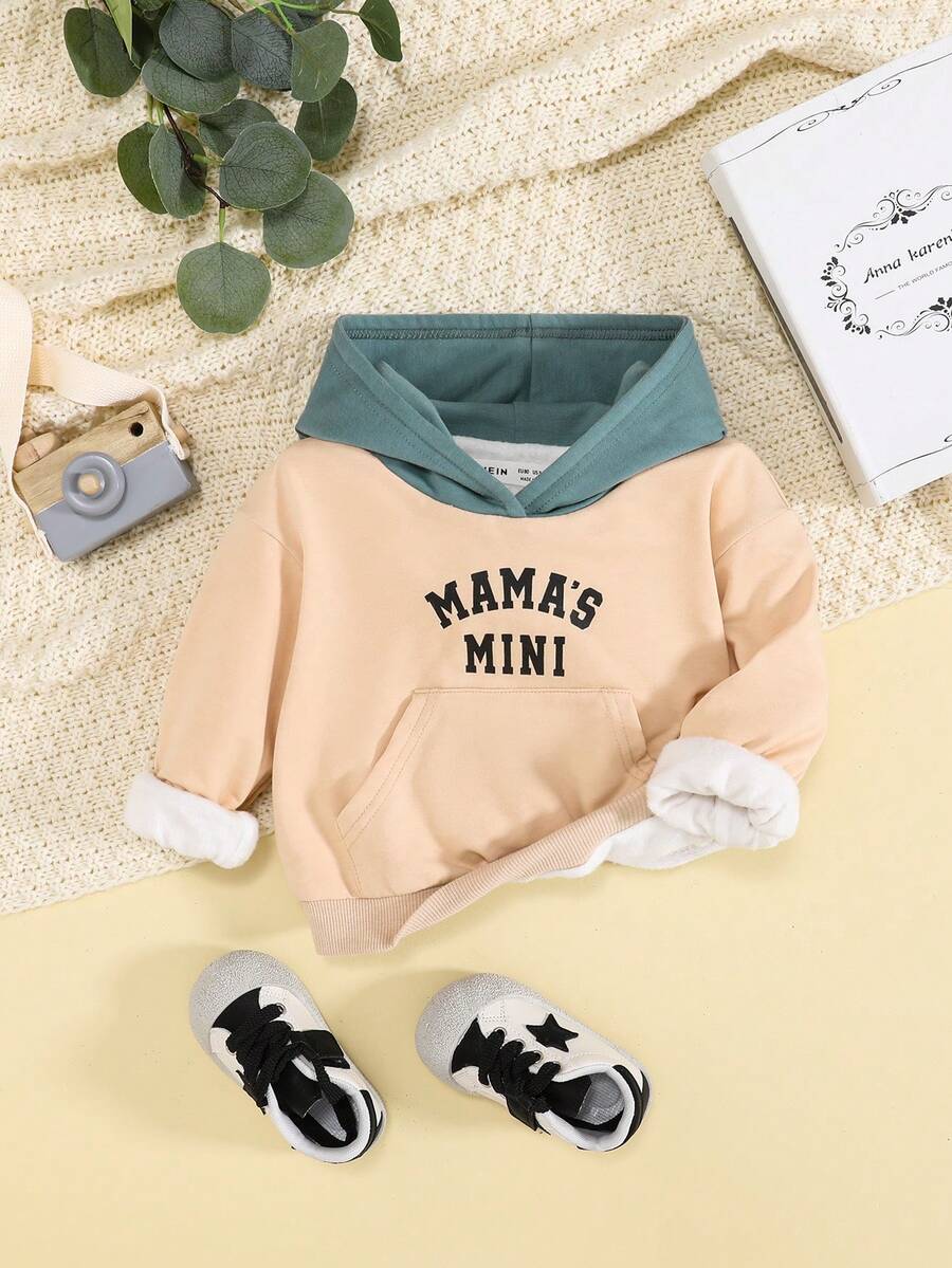 SHEIN 男婴字母图案袋鼠口袋落肩卫衣 - 卡其色 - 查看 1