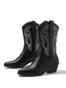 Giày Bốt Tây Nữ Thời Trang Họa Tiết Thêu Và Gót Chunky, Boot Cao Bồi Cho Nữ - màu đen - Xem 3