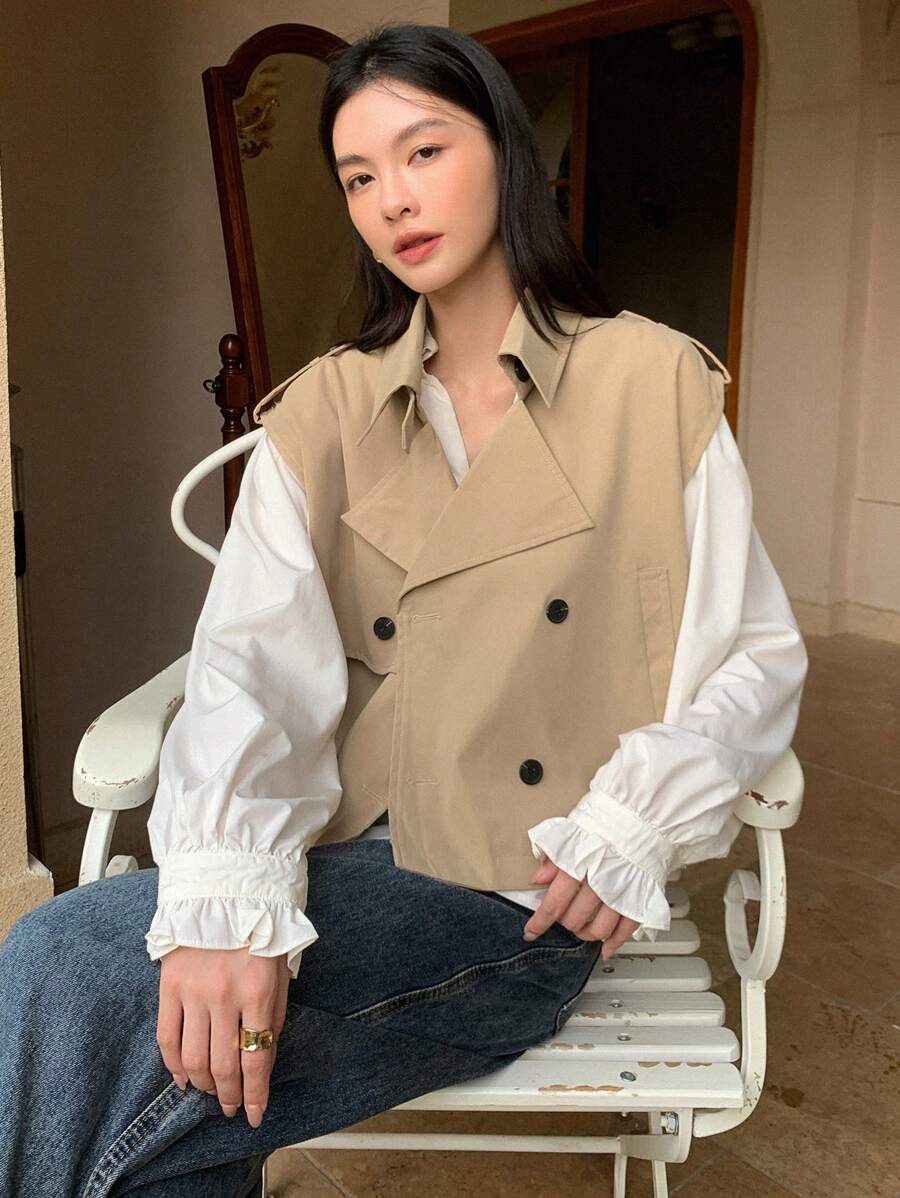 DAZY 雙排釦外套馬甲不帶襯衫 - 卡其色 - 查看 1