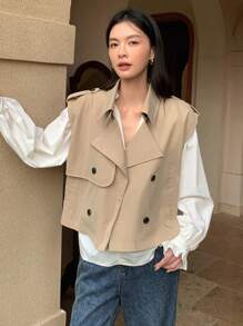 DAZY 雙排釦外套馬甲不帶襯衫 - 卡其色 - 查看 5