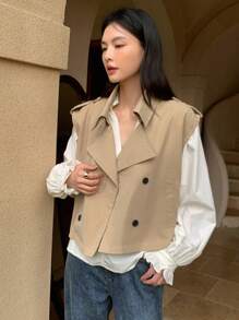 DAZY 雙排釦外套馬甲不帶襯衫 - 卡其色 - 查看 7