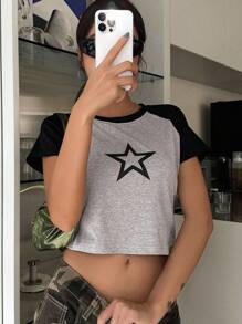 DAZY In Sao Tay Raglan Áo phông Crop - màu đen - Xem 2