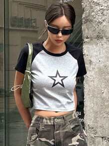 DAZY In Sao Tay Raglan Áo phông Crop - màu đen - Xem 3