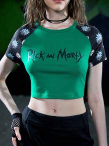 Rick and Morty X SHEIN 卡通和字母圖案插肩袖短款T恤 - 彩色 - 查看 5