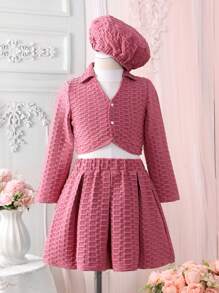 SHEIN 女小童素色夾克&褶皺半身裙&背心上衣&帽 - 粉色 - 查看 1