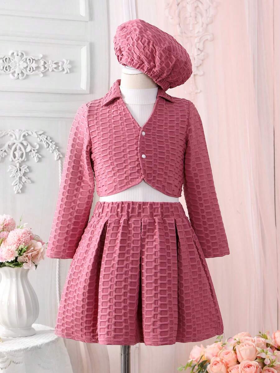 SHEIN 女小童素色夾克&褶皺半身裙&背心上衣&帽 - 粉色 - 查看 1