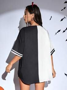 SHEIN EZwear Hình ảnh con bướm và khẩu hiệu Hai âm Thả vai Áo sơ mi - Đen và trắng - Xem 2