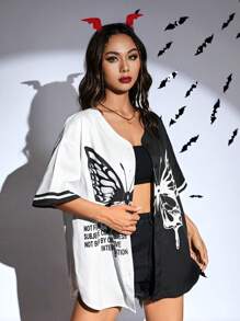 SHEIN EZwear Hình ảnh con bướm và khẩu hiệu Hai âm Thả vai Áo sơ mi - Đen và trắng - Xem 3