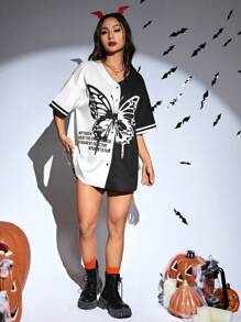 SHEIN EZwear Hình ảnh con bướm và khẩu hiệu Hai âm Thả vai Áo sơ mi - Đen và trắng - Xem 4