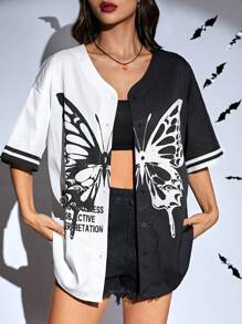 SHEIN EZwear Hình ảnh con bướm và khẩu hiệu Hai âm Thả vai Áo sơ mi - Đen và trắng - Xem 6