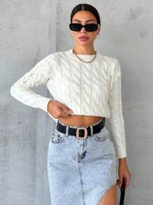 RueChic Solid Cable Knit Drop Shoulder Sweater - White - View 4