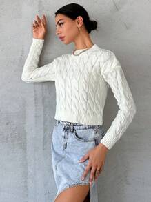 RueChic Solid Cable Knit Drop Shoulder Sweater - White - View 5