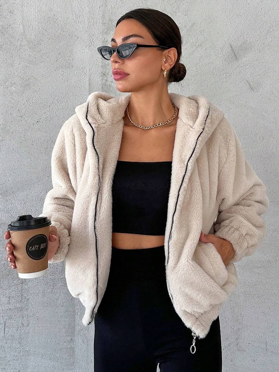 SHEIN Cottnline Zip Up Hooded Teddy Jacket - Beige - View 1