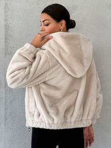 SHEIN Cottnline Zip Up Hooded Teddy Jacket - Beige - View 2