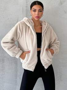 SHEIN Cottnline Zip Up Hooded Teddy Jacket - Beige - View 4