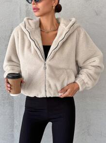 SHEIN Cottnline Zip Up Hooded Teddy Jacket - Beige - View 5