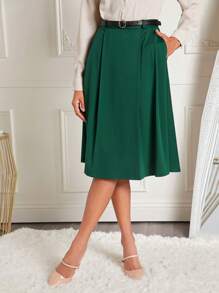 SHEIN Clasi Cao eo Xếp nếp Túi nghiêng Váy Không có thắt lưng - Màu xanh lá cây đậm - Xem 5