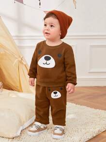 SHEIN 男嬰卡通圖案衛衣和衛褲 - 棕色 - 查看 1