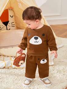 SHEIN 男嬰卡通圖案衛衣和衛褲 - 棕色 - 查看 5