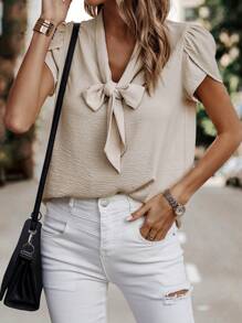 SHEIN Clasi 繫帶領花瓣袖襯衫 - 杏色 - 查看 3