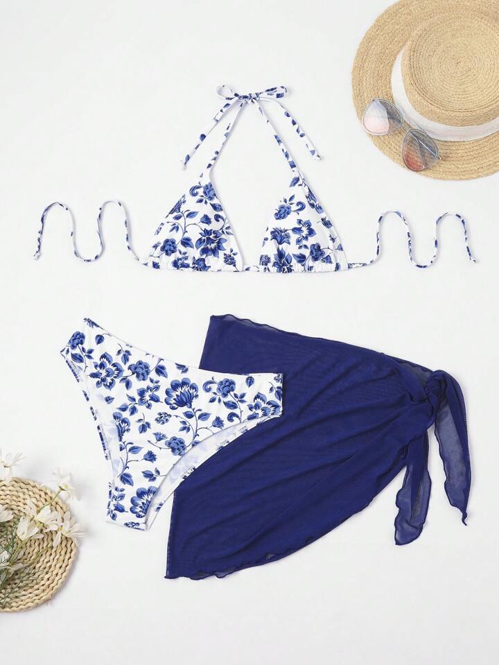 SHEIN Swim Summer Beach Floral Print Halter Triangle Bikini Set With Beach Skirt