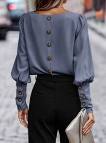 SHEIN Clasi Button Back Gigot Sleeve Blouse - Dusty Blue - View 1