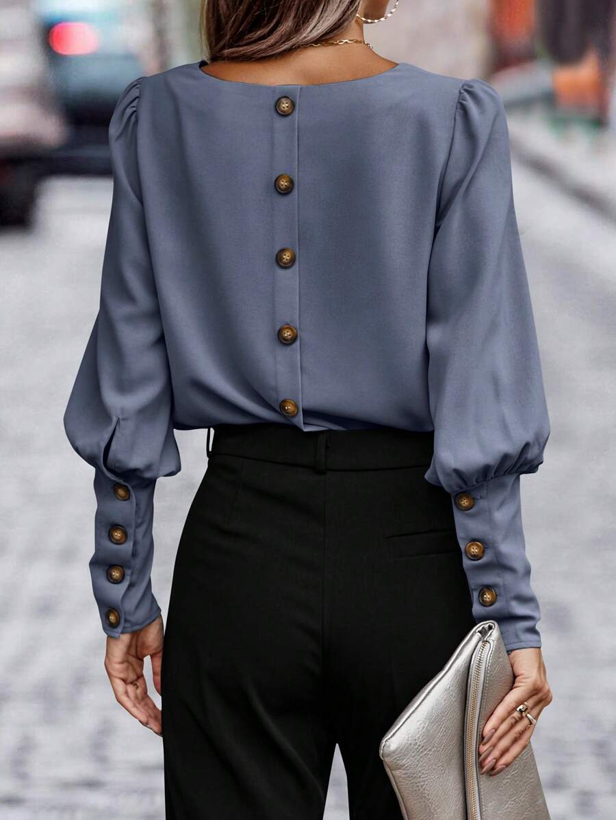 SHEIN Clasi Button Back Gigot Sleeve Blouse - Dusty Blue - View 1