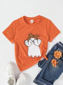SHEIN Young Girl Cartoon Graphic Tee - Orange - View 1
