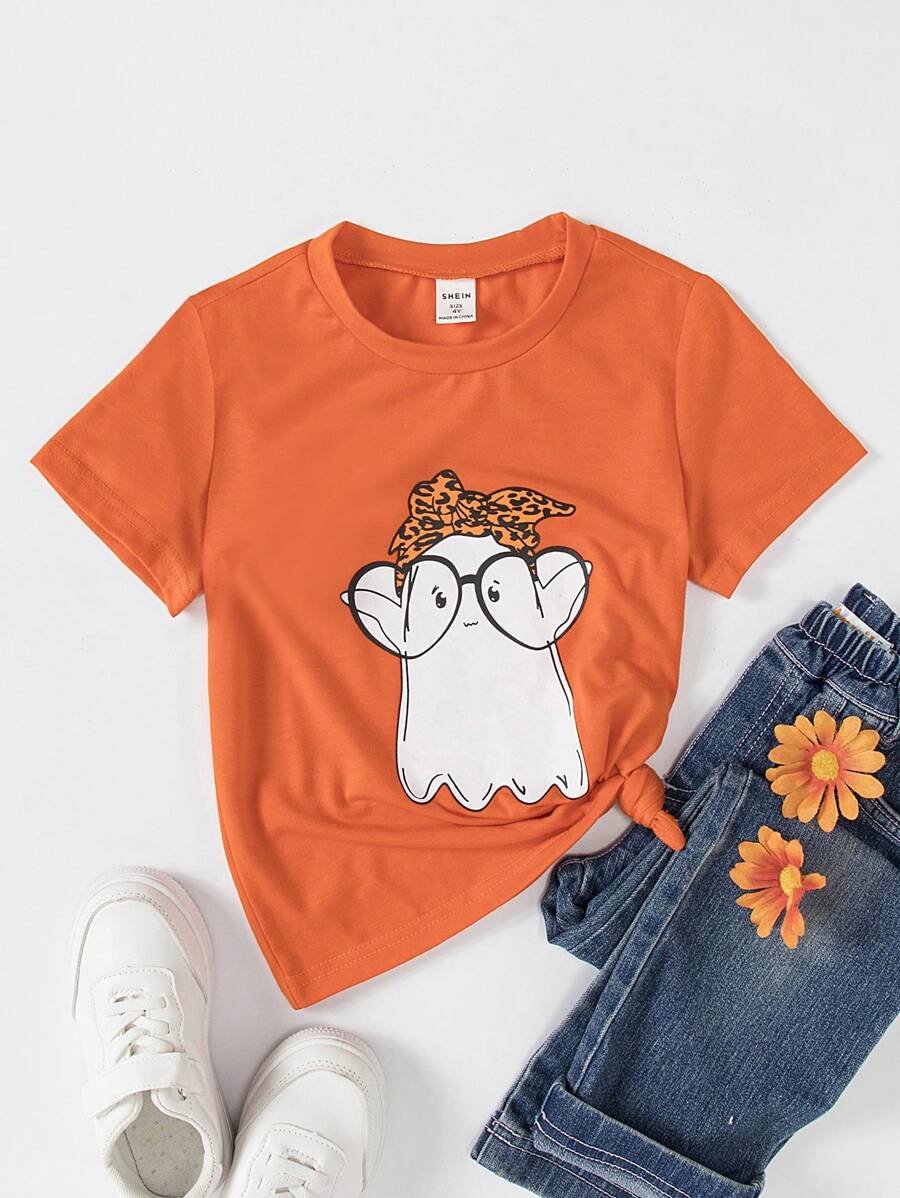 SHEIN Young Girl Cartoon Graphic Tee - Orange - View 1