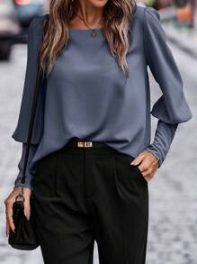 SHEIN Clasi Button Back Gigot Sleeve Blouse - Dusty Blue - View 3