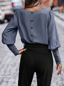 SHEIN Clasi Button Back Gigot Sleeve Blouse - Dusty Blue - View 4