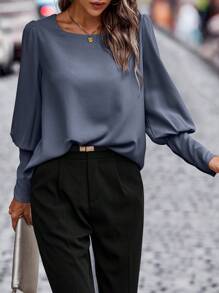 SHEIN Clasi Button Back Gigot Sleeve Blouse - Dusty Blue - View 5