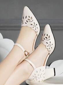 2025秋冬新款尖头粗跟镂空女凉鞋，百搭优雅，女士高跟鞋，优雅 - 米色 - 查看 2