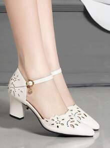 2025秋冬新款尖头粗跟镂空女凉鞋，百搭优雅，女士高跟鞋，优雅 - 米色 - 查看 3